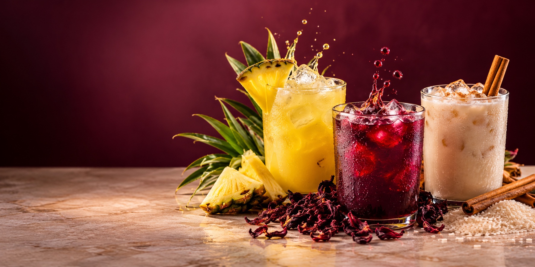 Chilled Piña, Jamaica, and Horchata aguas frescas with their ingredients
