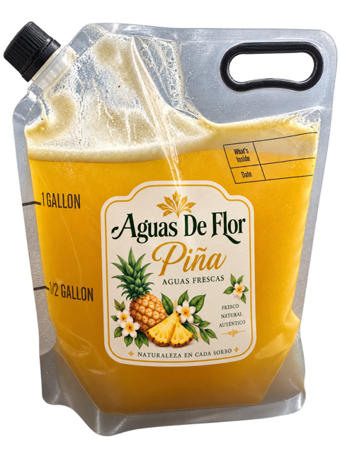 One-gallon Piña bag example with the Aguas De Flor label