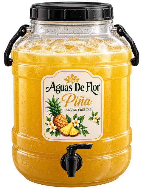 Illustrative five-gallon Piña vitrolero with an Aguas De Flor label